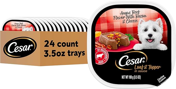 Cesar Loaf & Topper in Sauce Wet Dog Food, Angus Beef Flavor with Bacon & Cheese, Wet Food for Dogs, 3.5 oz Easy Peel Trays, 24 Count
