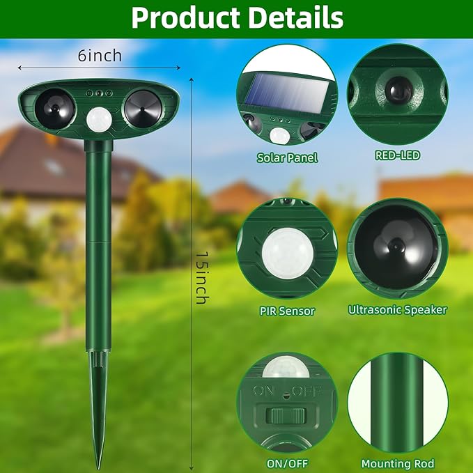 Upgraded Solar Ultrasonic Animal Repellent Outdoor Motion Activated Cat Deer Repellent for Yard Garden, 2 Pack Raccoon Opossum Dog Deterrent Effective Sqiuirrel Rabbit Skunk Repeller