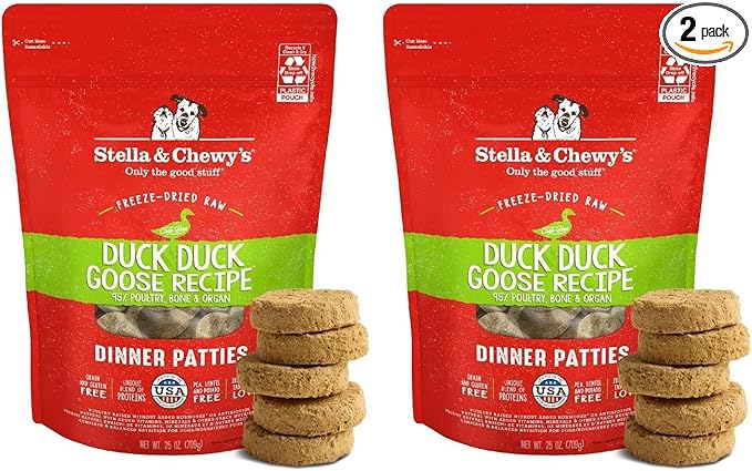 Stella & Chewy's Freeze-Dried Raw Dinner Patties - Duck Duck Goose Recipe - High Protein Grain-Free Puppy & Dog Food - Perfect for Picky Eaters - 25 oz,(Pack of 2)