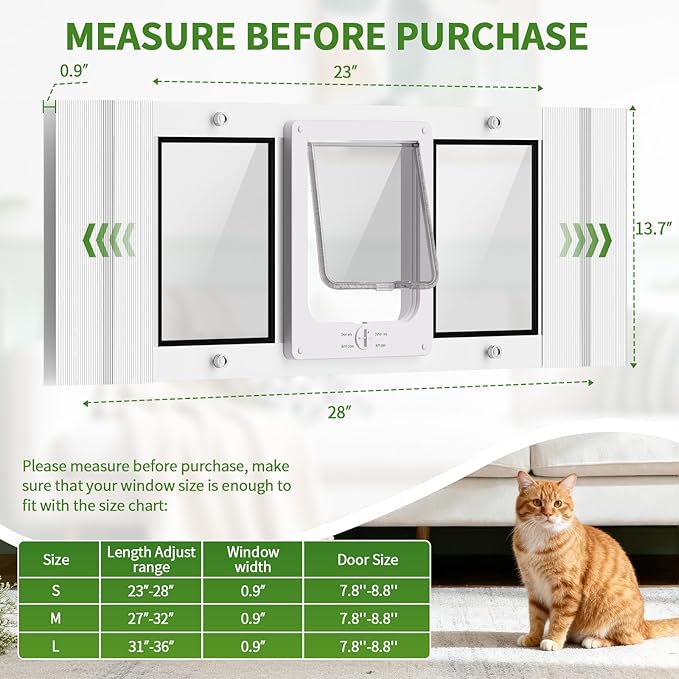 Aluminum Frame Window Cat Door with Magnetic Auto Closure, Horizontal Adjustable Width Quick-Fit Pet Door for Window Insert, Suitable for Most Medium Cats & Small Dogs