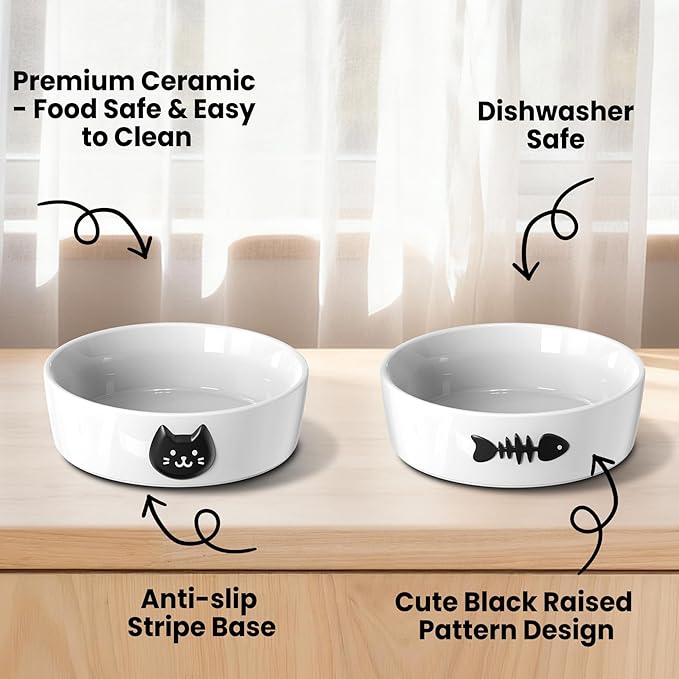 Ceramic Cat Bowls for Indoor Cats - Cat Food Bowl & Water Bowl Set of 2 with Anti-Slip Rings - Whisker Friendly Kitten Supplies Feeding & Watering - Pet Bowls for Kitten and Small Size Dog