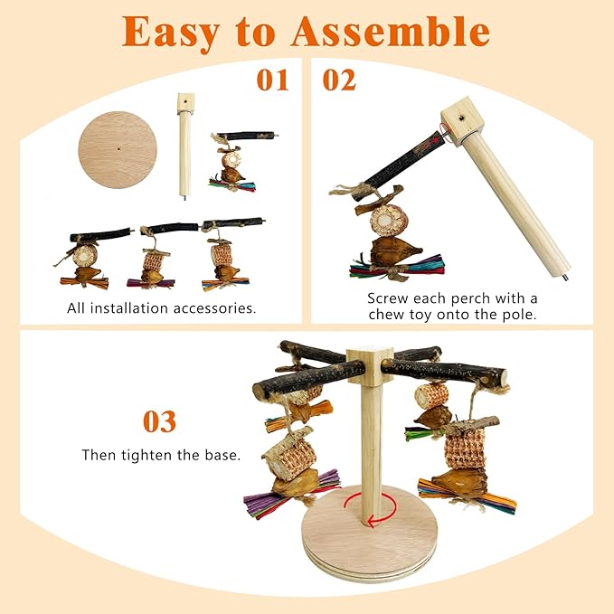 Rotating Bird Perch Stand Toy Natural Wooden Parakeet Toys with Edible Chew Toy Interactive Spinning Toy Bird Cage Accessories for Parakeets Budgies Conures Cockatiels Lovebirds Finches