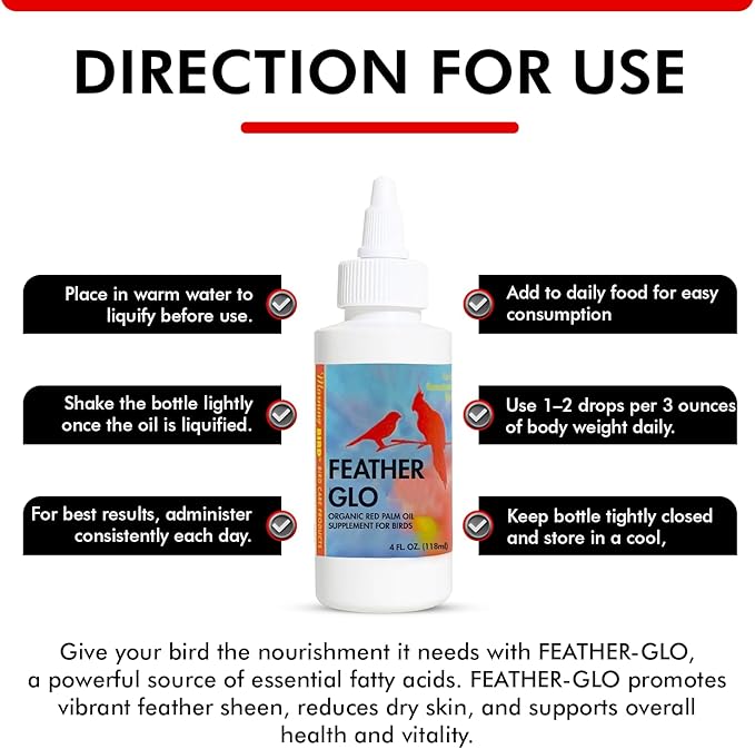 Morning Bird Feather Glo 4 oz – Cold Pressed Red Palm Oil - Natural Vitamin A & E Supplement for Birds – Supports Feather Shine, Skin Health & Immunity – Vitamin & Energy Boost for All Bird Types