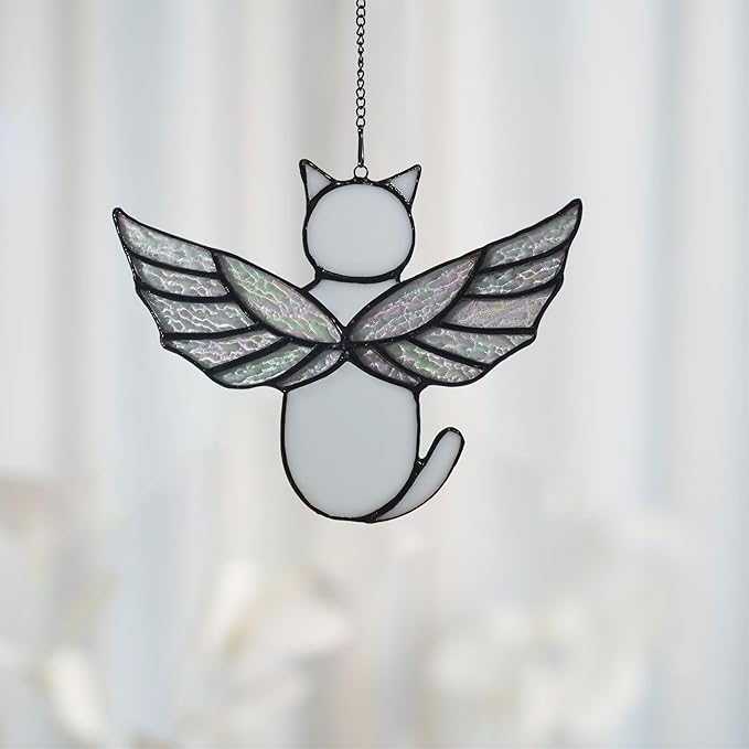 Angel Rainbow Wing Memorial Gifts - Stained Glass Cat Suncatcher, Loss of Cat Sympathy Gift (White)