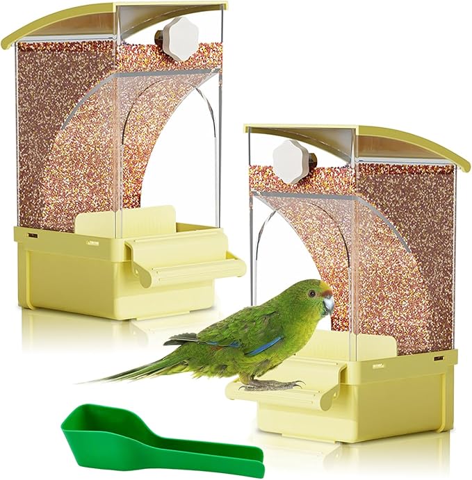 Hamiledyi 2Pcs Automatic Bird Feeder No Mess Bird Cage Feeder Transparent Acrylic Parrot Seed Food Container with Perch Cage Accessories for Parakeet Finch Lovebirds Budgies Canary (Yellow)