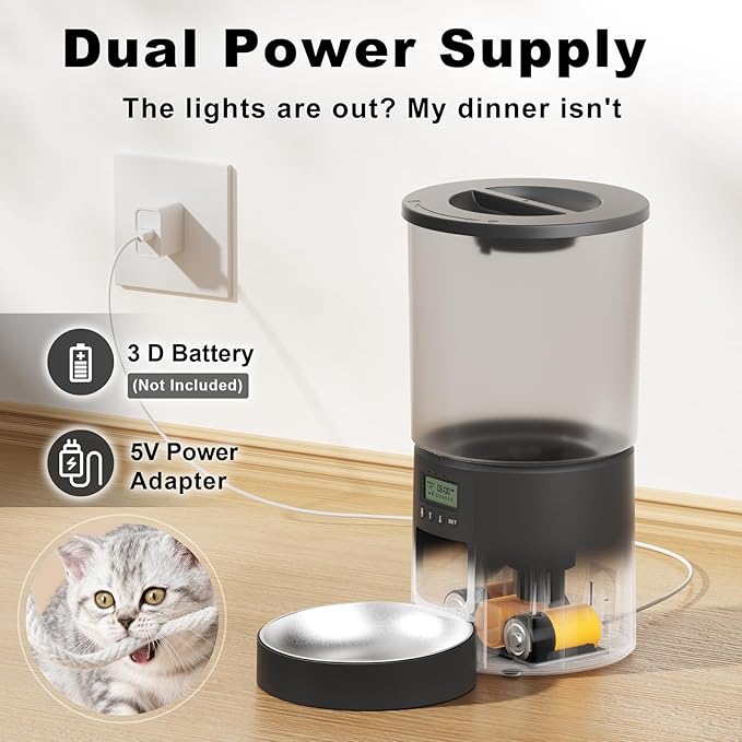 Automatic Cat Feeder 4.2L Cats,6 Meals/Day,Dual Power Portion Control Feeder,Dry Pet Food Auto Dispenser,Timer Setting,10S Voice Record (Transparent Black, Stainless Steel 2 Bowls)