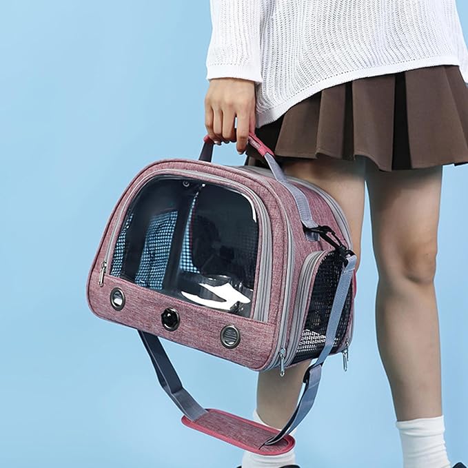 Bird Traval Carrier Cage, Bird Carrier with Seat Belt, Multifunctional Small Animal Backpack, Pet Transparent Breathable Carriers for Small Birds Parrots (Pink)