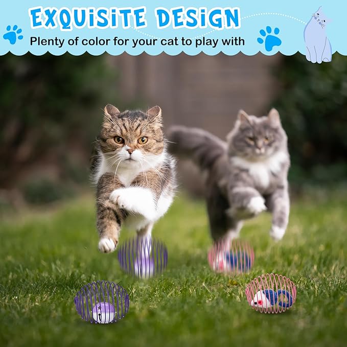 Jecery 5 Pcs Cat Spring Balls Toys Stretchable Rolling Balls Colorful Playful Coils Interactive Action Toy Caged Rats for Kitten Pet Supplies (Mouse and Bell,Mix Colors)