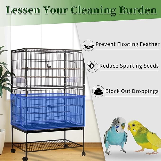Daoeny 2Pcs Large Bird Cage Cover, Bird Cage Seed Catcher, Adjustable Soft Airy Nylon Mesh Net, Birdcage Cover Skirt Seed Guard for Parrot Parakeet Macaw African Round Square Cages (Blue + Green)