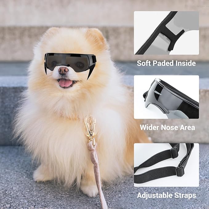 LESYPET Dog Sunglasses for Small Breed, UV Wind Dust Protection Dog Goggles for Pet Outdoor Driving Riding, Pet Glasses Eye Wear with Adjustable Strap, Black