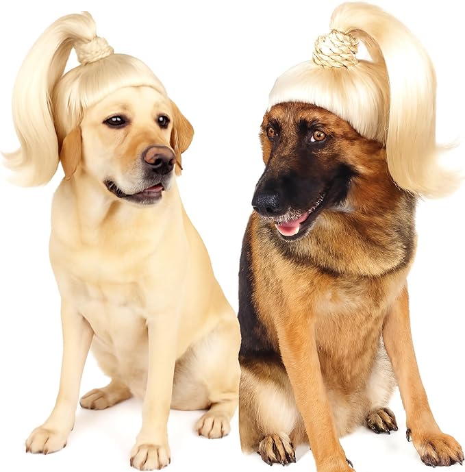 Blond Long Hair Ponytail Funny Pet Wig – Dog Wig for Large Girl Dog –Large Dog Costume for Halloween, Party, Photo Shoots – 3D Natural Look – Fits 15kg-50kg Pets