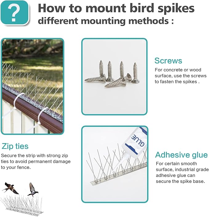 KKY Bird Spikes Stainless Steel Base, Metal Bird Repellent Nail Fence Kit, Can Be Used to Stop Pigeons and Other Small Birds, Covering 43.2 Feet 40 Packs.