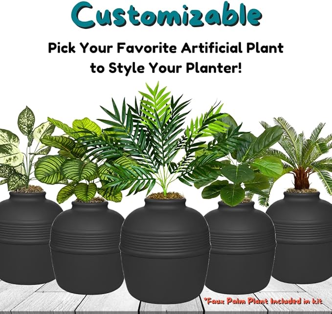 Good Pet Stuff Hidden Litter Box Planter, Decorative Cat Litter Enclosure with Carbon Filter, Artificial Plant, Easy Clean, Removable Liner, Round Style, Essentials Kit, Matte Black