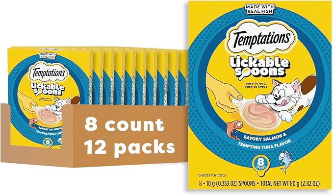 Temptations Lickable Spoons, Soft Lickable Cat Treats, Adult Wet Cat Treats, Savory Salmon and Tempting Tuna Flavor, 8 Spoons, Pack of 12 (96 Total)