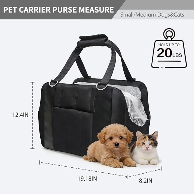 Dog Purse Carrier for Small Dogs, Small Cat Purse Carrier Soft with Large Pocket, Portable Pet Carrier Tote Bag with Safe Leash (Black)