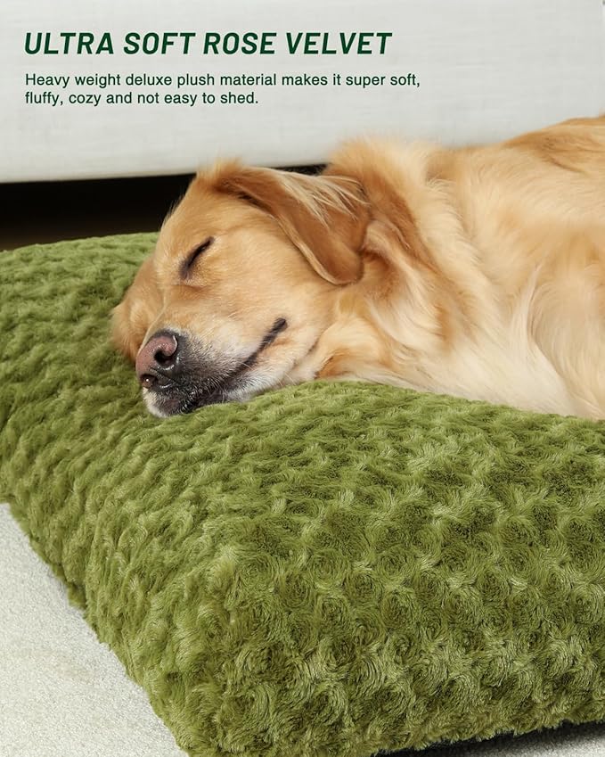 KSIIA Washable Dog Bed Comfy Dog Crate Pad Deluxe Plush Pet Bed Non-Slip Kennel Pad for Large Dogs, 35" x 23", Green
