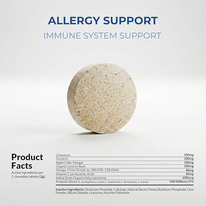 Allergy Support for Dogs - with Vitamin C, Omega 3 and Colostrum - Itch Relief, Allergy Relief for Dogs, Skin Soother - with Probiotics for Immune System Health (Chewable Tablets)