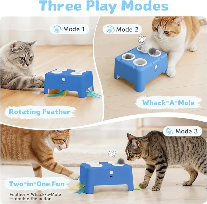 Interactive Cat Toy for Indoor Cats, 3 Modes Feathers Toy, Rechargeable 4 Holes Mole Cat Toys, Cheese Box for Kitten, 6 Accessories (Blue)
