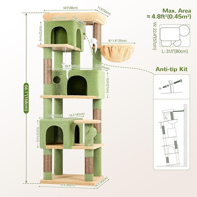 Globlazer Corner Cactus Cat Tree 66 inch Multi-Level Cactus Climbing Tower Kitty Condos Cat Scratching Tower for Indoor Multiple Cats with Large Platform, 3 Cat Caves, F66, Green