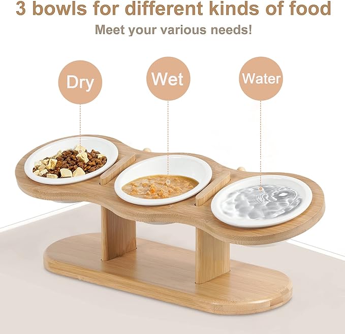 Elevated Cat Bowls, 2 Heights Adjustable Raised Dog Bowl Stand, 3 Ceramic Bowls for Cats and Small Dogs, 15° Tilted