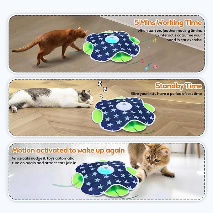 Interactive Cat Toys with Moving Feather Concealed in Mat, Rechargeable Cat Exercise Toys for Bored Cats with Motion Activated, Mouse Squeaky