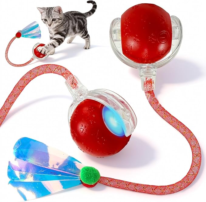Rocfish Interactive Cat Toy for Indoor Cat, Smart Automatic Cat Chase Ball Toy (New Red)