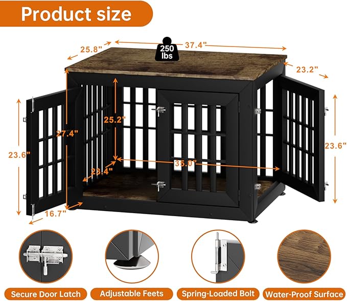 38" Heavy Duty Dog Crate Furniture for Small,Medium and Large Dogs,Rustic Wooden Dog Cage Kennel Indoor Furniture with Waterproof Top,Decorative Pet House Side End Table (Black & Wood)