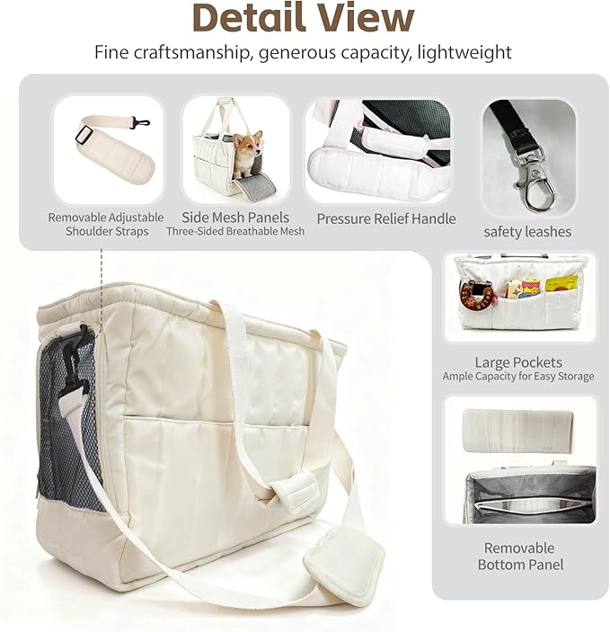 Dog Purse Carrier for Small Dogs, Small Cat Purse Carrier Soft with Large Pocket, Portable Pet Carrier Tote Bag with Safe Leash (White)