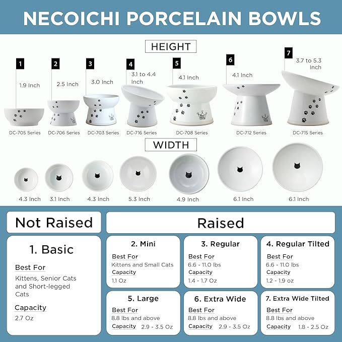 Necoichi Raised Cat Food Bowl – Ceramic Elevated Cat Bowl for Whisker & Neck Fatigue, Dishwasher Microwave Safe – Non-Slip & Anti Vomiting Ergonomic Design (Fuji, Regular, 1-Cup Capacity)