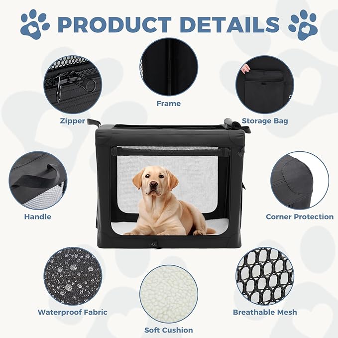DUMOS Dog Crate 42 Inch Travel Cat Pet Carrier for Extra Large Dog, Portable Foldable Soft Pet Crate with Storage Bag & Washable Pad for Indoor Outdoor Dog Kennel Carrier (XL-80lbs, Black)