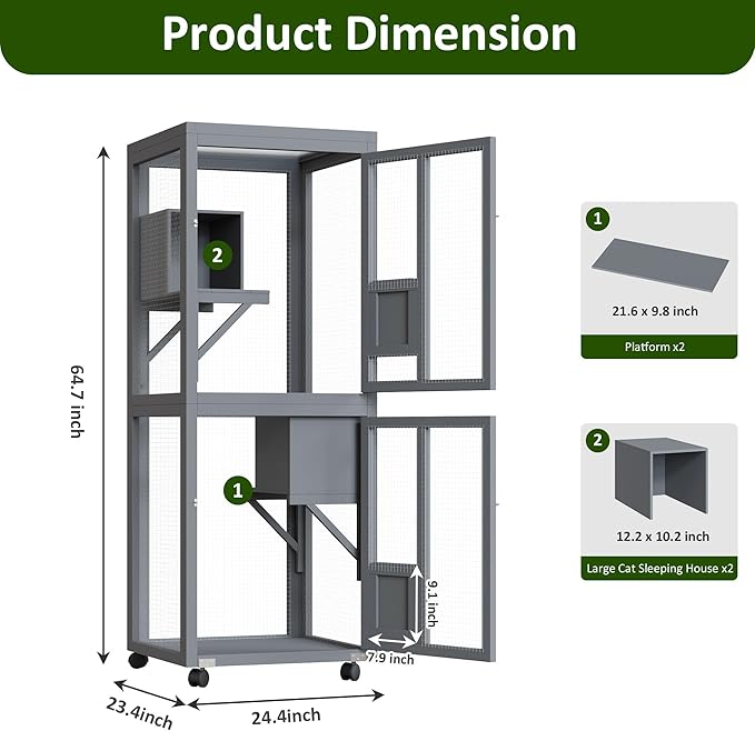 64.7 Inch Catio Outdoor Cat Enclosure, Large Cat House for Outdoor Cats with Enhanced Security Structure, Outside Cat Patio Cattery Weatherproof for Multiple Indoor Outdoor Cats, Grey