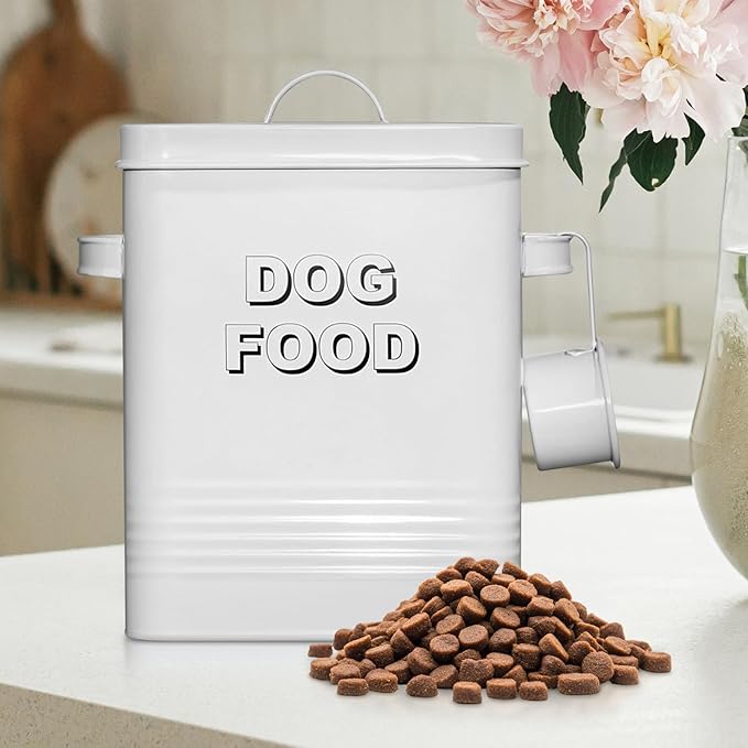 Plexon Metal Dog Food Storage Container with Scoop - Small Dog Food Container Holder Treat Jar Bin with Lid - Pet Chow Storage Canister Tin,1.5 Gallon, 7 lbs, White