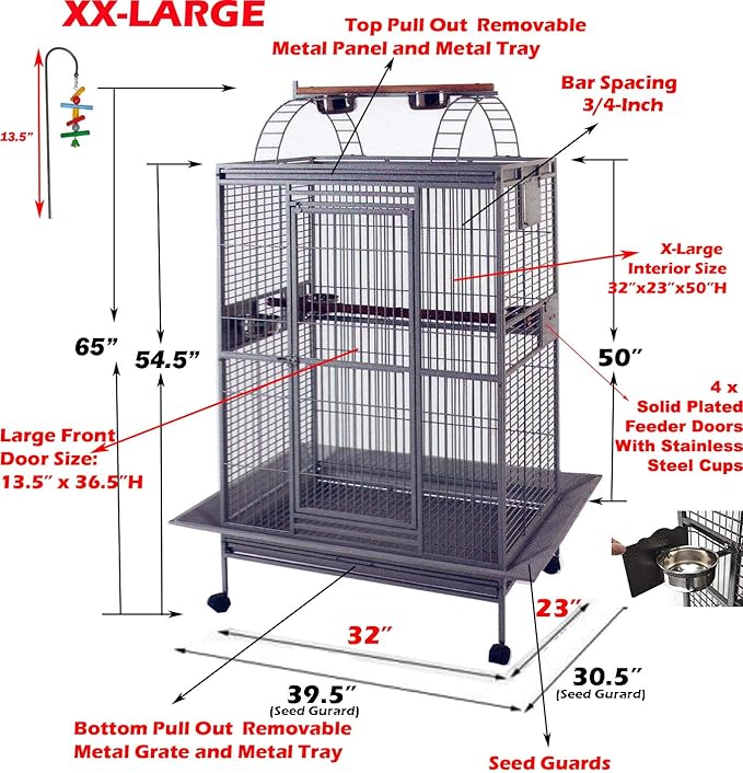 Extra Large Double Ladders Open Play Top Wrought Iron Bird Parrot Parakeet Finch Macaw Cockatoo Cage, Include Seed Guard and Toy Hook On Wheels