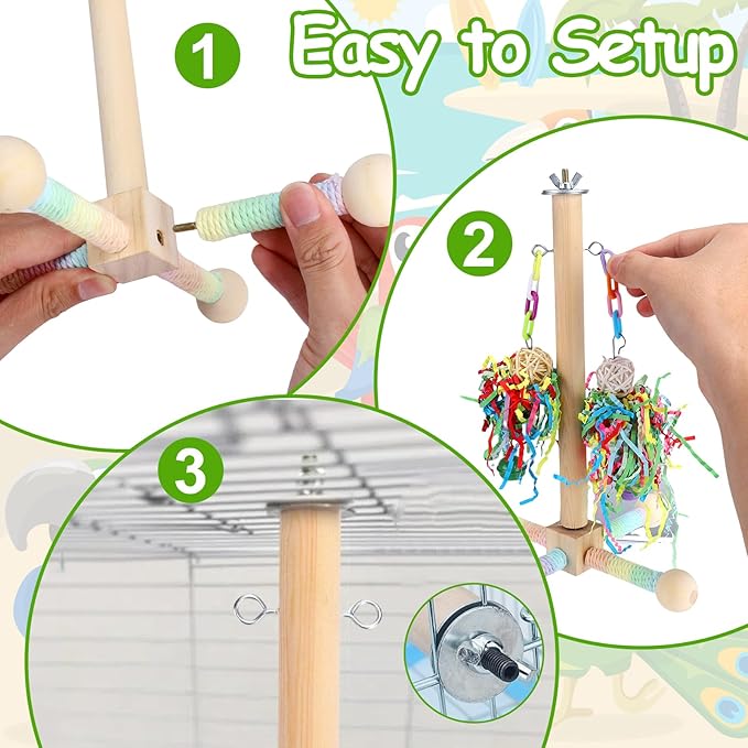 Mity rain Bird Toys - 2 in 1 Interactive Rotating Perch Toy with Foraging Toys, Flexible Stand for Parrots Lovebird Cockatiel Conure, Bird Playground for Small to Medium Birds, Bird Cage Accessories