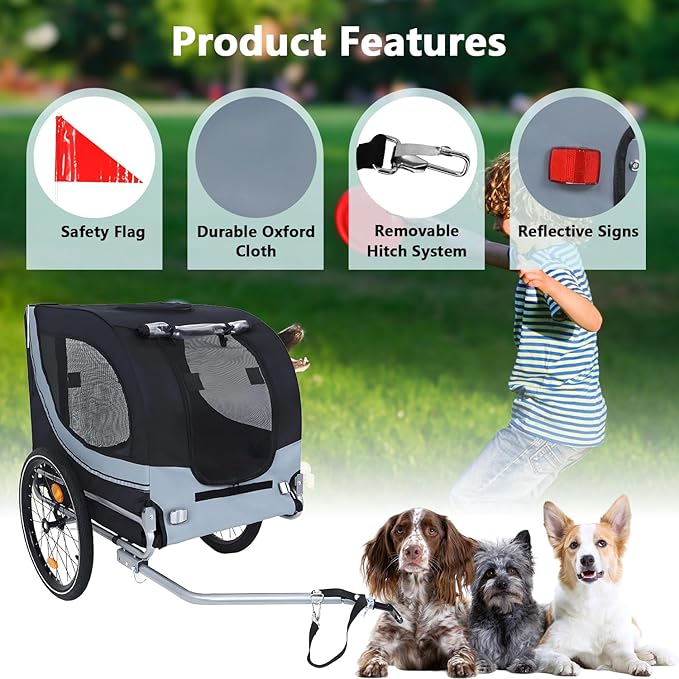Large Dog Trailer for Bike, Folding Bike Trailer for Dogs with 18.9" Wheels, 120LB Capacity All-Terrain Pet Carrier, Universal Bicycle Coupler