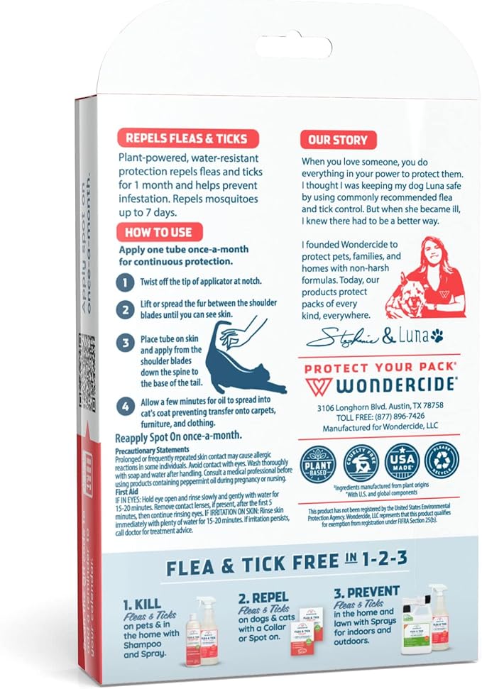 Wondercide - Flea and Tick Cat Spot On - Flea, Tick, and Mosquito Repellent, Prevention for Cats with Natural Essential Oils - Pet and Family Safe Up to 3 Months Protection - 3 Tubes of 0.03 oz