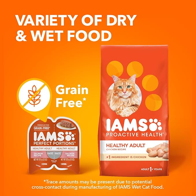 IAMS Perfect Portions Healthy Adult Grain Free Wet Cat Food Pate,Salmon Recipe,2.6 oz. Easy Peel Twin-Pack Trays (,48 Servings),24 Count (Pack of 2)
