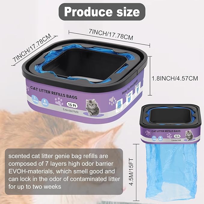 2 Pack Cat Litter Refill Bags Cartridges Compatible with Genie Cat Standard,Plus,Style,XL+ Pails,100% Odor Control