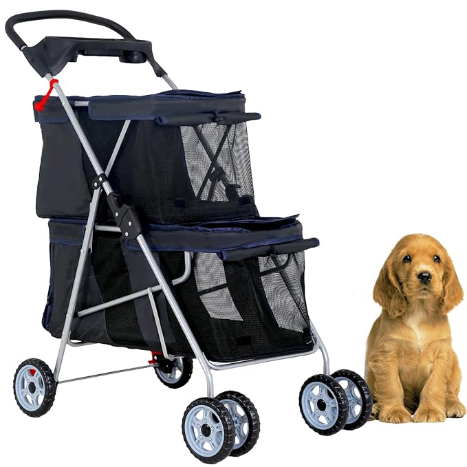 FDW 4 Wheels Pet Stroller Dog Cat Carriers Bag Lightweight Waterproof Folding Jogger Double Stroller with Cup Holders,Black