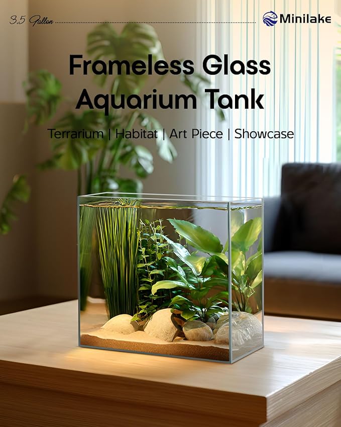 3.5 Gallon Clear Glass Fish Tank, Aquarium Fish Bowl Ultra Clear Rimless Design for Betta Goldfish Snails Shrimp Aquatic Planting