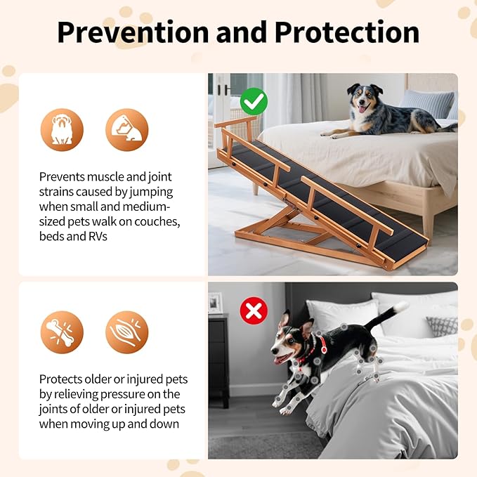 Dog Ramps for Beds, 64" Long Foldable Pet Ramps for Large Dogs, Portable Wooden Dog & Cat Ramps for Couch, Furniture-Grade Dog Step Adjustable Height W/Non Slip Mat & Safety Side Rails