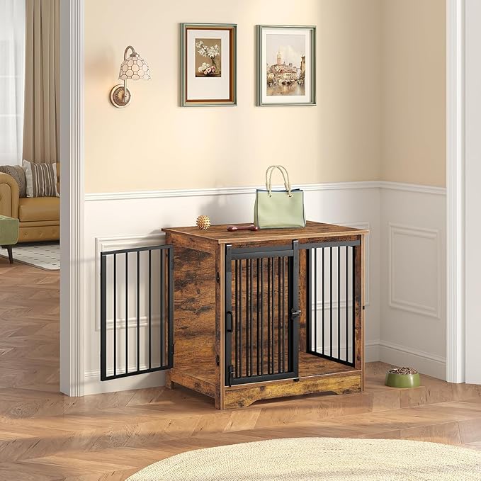 27.2" Dog Crate Furniture with Barn Door, Heavy Duty Dog Kennel Indoor with 2 Doors, Wooden Pet Cage End Table for Small Medium Dogs up to 22 lb, Anti-Chew Anti-Escape, Rustic Brown DFC84301B