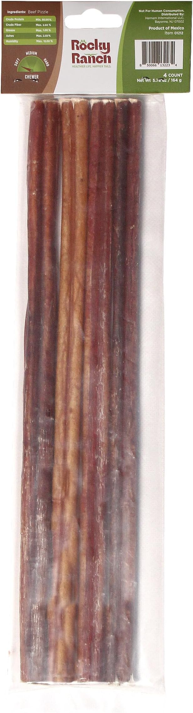 Rocky Ranch, 12" Dog Bully Sticks, Beef Flavor, 5.68 oz, Adult Dog, Natural Chew Treats, Dental Care, High Protein, 4 Count. No Additives