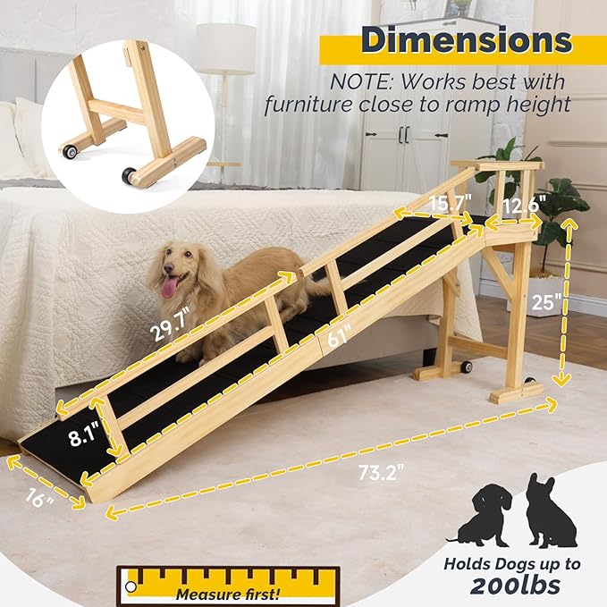 Dog Ramp for Bed or Couch, Wooden Pet Ramp with 20° Gentle Slope, Removable Side Rails, Non-Slip Surface, Top Platform & Wheels, Safe Bed Ramp for Small, Medium & Senior Dogs, 74" Long, Natural