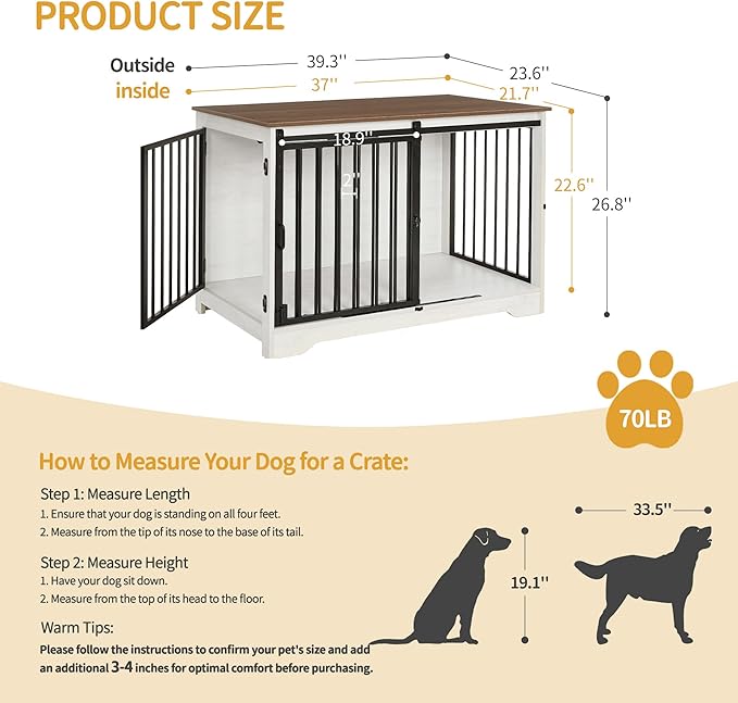 39.4" Heavy Duty Dog Crate Furniture with Barn Door, Wood Indoor Dog Crate Kennel for Small/Medium/Large Dogs, End Side Table, TV Stand, Anti-Chew Anti-Escape, White Brown DFC02314B