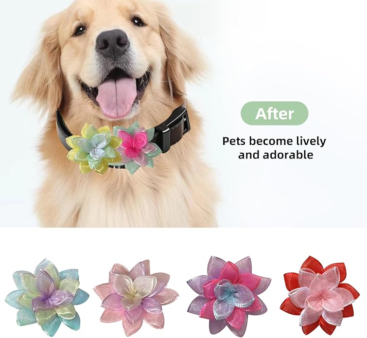 Dog Collar Flowers Accessories, 6 Pack Flower Charms for Dog & Cat Collars, Elastic Slide-On Decorative Flowers for Pet Collars