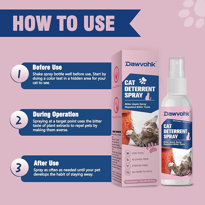 Bitter Apple Cat Deterrent Spray, Natural Non-Scratch Spray Alcohol-Free Formula, Safe Indoor & Outdoor Training Aid, for Dogs and Cats, Curtains, Furniture, Sofas, Cushions，120ml/1PC