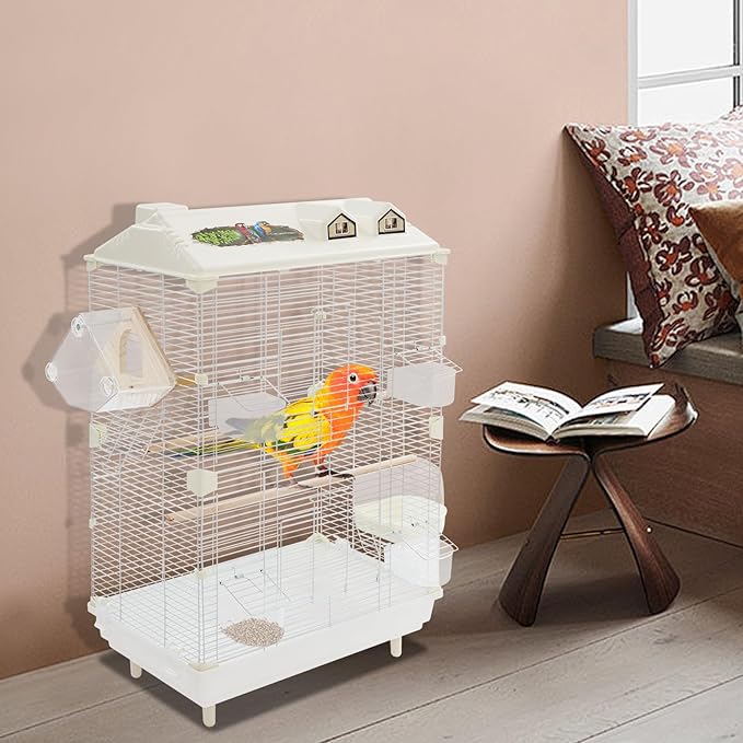 Two-Tier Bird Cage Medium Small Bird Cage Flight Cage with Stand Food Containers 30’’h Bird Cages with Pull Out Tray and Feeder Detachable Pet Flight Birdcage for Parrot Lovebirds (A)