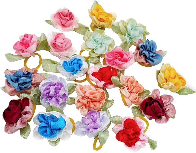 PET SHOW Flowers Pet Dog Hair Bows W/Rubber Bands Cat Puppy Grooming Accessories Assorted Color Pack of 20