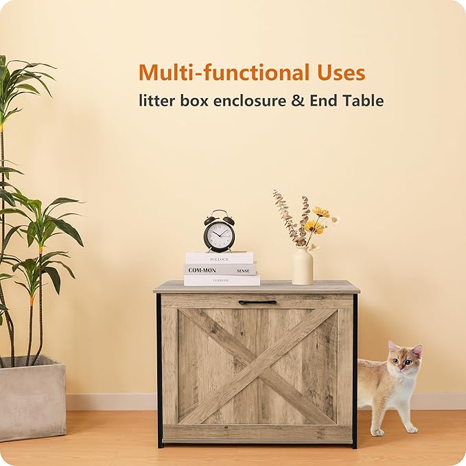 Dwanton Cat Litter Box Furniture Hidden, Cat Litter Box Enclosure, Reversible Entrance Can Be on Left or Right Side, Indoor Cabinet, Wooden Washroom, End Table, Nightstand, Greige, 27.6" L